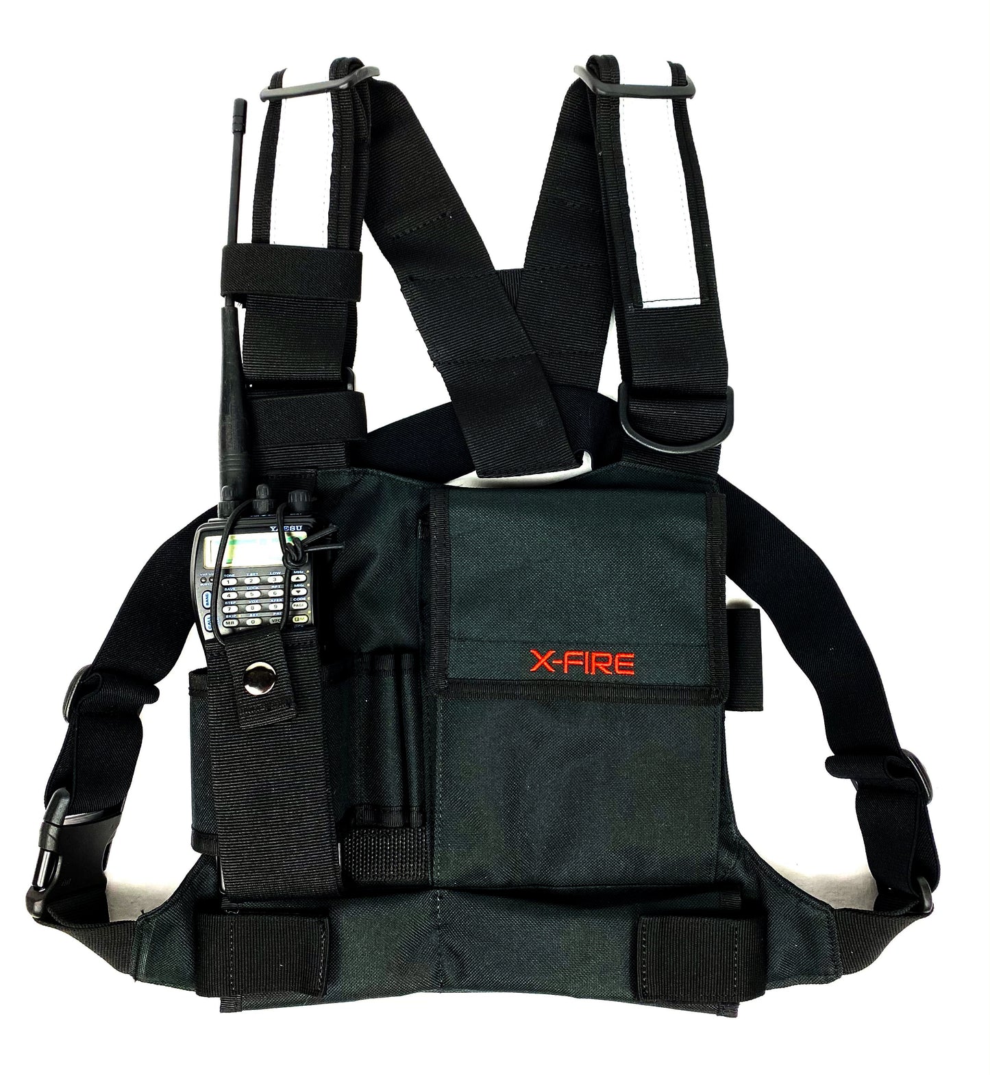 X-FIRE® Single Radio Chest Rig Harness w/Tool Pockets and 3m Reflective. Front Pouch Holder for Walkie Talkie Portable Radio/GPS