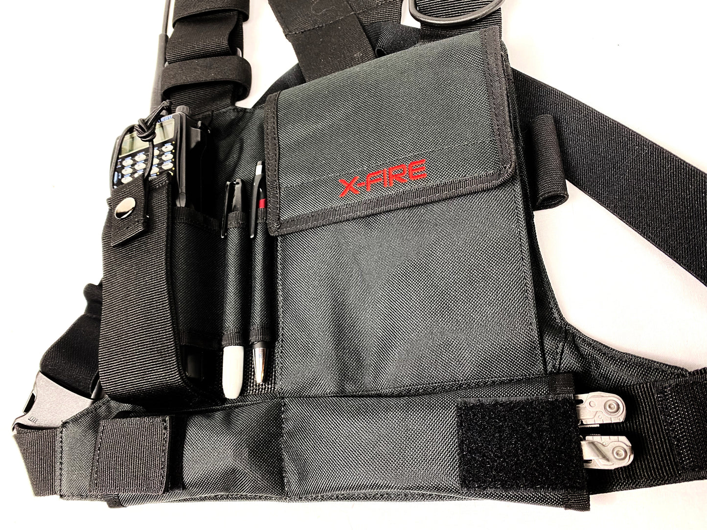 X-FIRE® Single Radio Chest Rig Harness w/Tool Pockets and 3m Reflective. Front Pouch Holder for Walkie Talkie Portable Radio/GPS